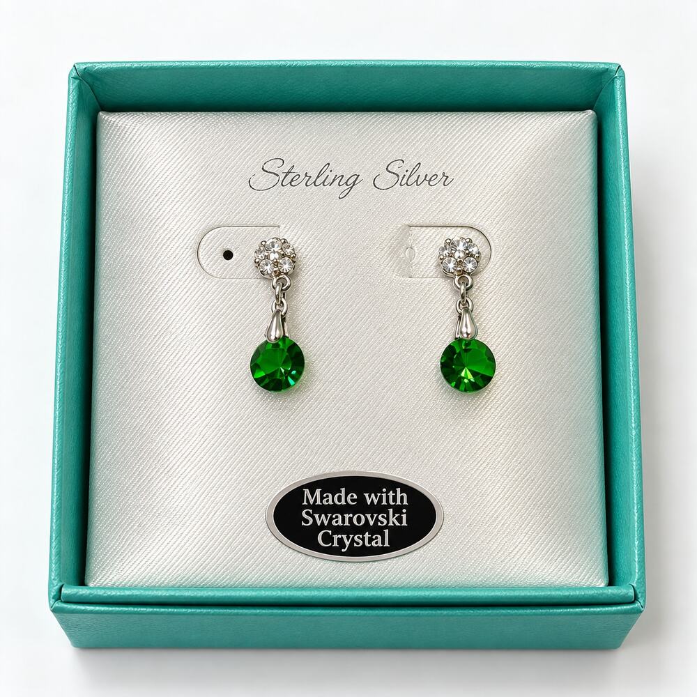 Platinum Tone Earrings Green Swarovski Crystal Drop Dangle New in Box